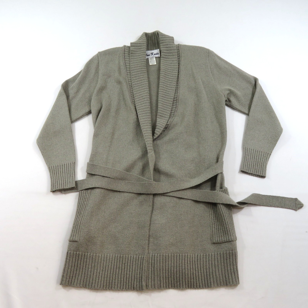 Ami Knits Shawl Collar L Sweater Khaki Gray Womens Sz 6 Belted 1990s